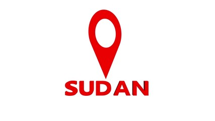 Location pin animation over the country sudan on white background with marker