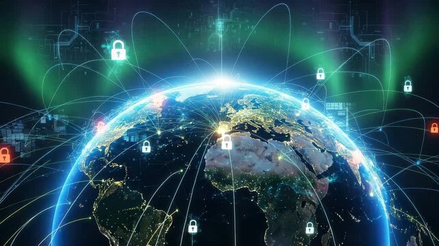 Global network security digital earth with glowing connections and lock icons representing data