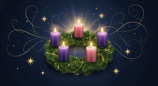 A Christmas wreath with five lit candles and star decorations on a dark blue background.
