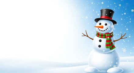 A snowman with a carrot nose and a red scarf standing in a snowy landscape with snowflakes falling.