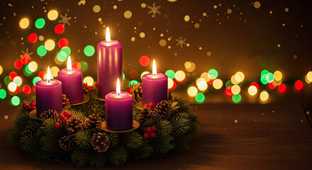 A festive Christmas wreath with purple candles and greenery, surrounded by twinkling lights and snowflakes.