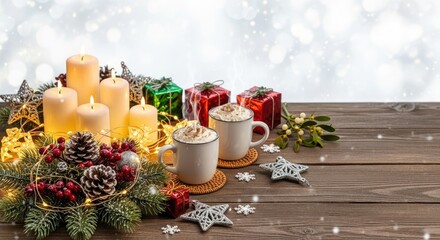 Two mugs of hot cocoa with whipped cream and marshmallows on a wooden table with holiday decorations.