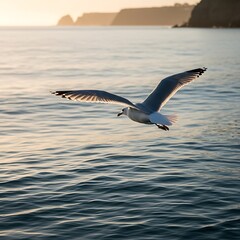 Fototapeta premium Seagull flying gracefully over calm ocean water at sunset with distant coastline.