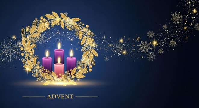 Three lit candles in a gold wreath with snowflakes and stars on a dark blue background.