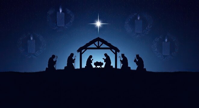 A silhouette of a nativity scene with the Holy Family and animals in a starry night sky.