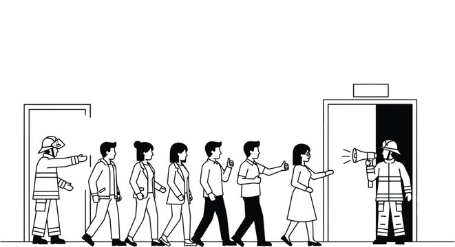 Firefighters guide people to safety through exit during emergency