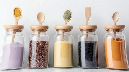 A row of five glass jars containing different colorful spices and herbs, each topped with a wooden spoon.