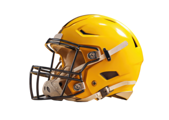 Yellow football helmet with black face mask, white straps