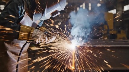 Skilled welder in action, creating bright sparks and molten metal with a welding torch in a dimly lit industrial setting - Powered by Adobe