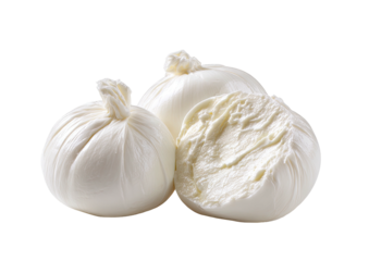 Three round cheese balls, one broken, creamy white