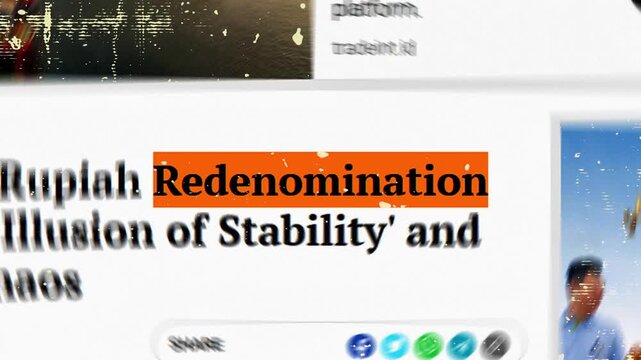 The word "redenomination" animates horizontally and zooms out, with a match cut effect.