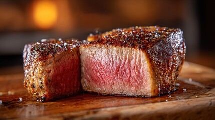mediumrare. Juicy medium-rare steak cross-section on rustic wood, highlighting glistening meat fibers. menu design, packaging mockups, designed for culinary blogs and recipe cards for restaurants.