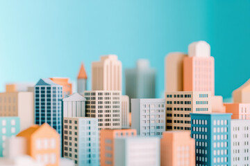 Obraz premium Colorful Miniature Cityscape with Modern Architecture Against Blue Skyline