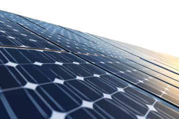 Angled view of blue photovoltaic panels
