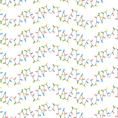 Seamless pattern lights with decorative party garland. Multicolored watercolor illustration isolated on white background. For greeting cards, Christmas decoration.