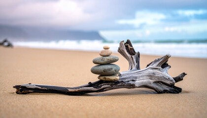 Stacked stones balance on weathered driftwood on a sandy beach, with a blurred ocean and cloudy sky in the background.