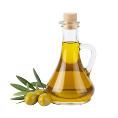 Glistening golden olive oil in elegant glass bottle with fresh olives and leaves against isolated