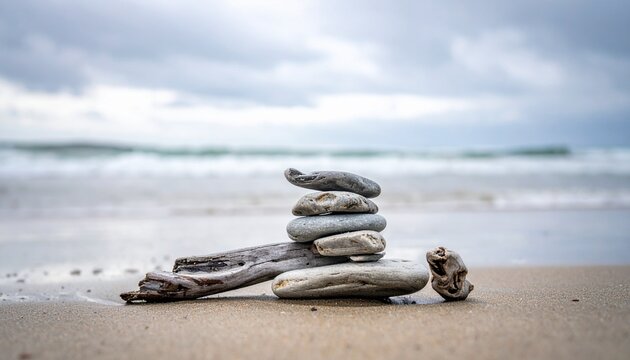 Stack of smooth stones balanced on a sandy beach with driftwood, ocean waves, and a cloudy sky in the background.