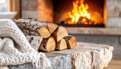 A stack of birch firewood and a cozy blanket on a stone hearth with a burning fireplace in the background.