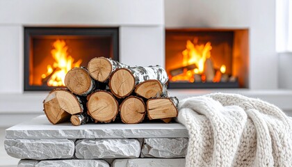 A stack of birch firewood and a cozy knitted blanket on a stone hearth in front of two modern burning fireplaces.