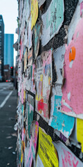 Fototapeta premium Urban Street Wall Covered in Colorful Torn Posters in City Landscape