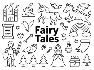 Vector illustration of fairy tale elements including a castle, dragon, unicorn, and knight drawing
