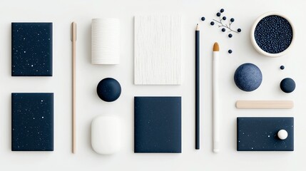 A symmetrical flat lay arrangement of dark blue and white objects, including stationery, decorative spheres, and small beads, on a white surface.