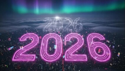 Futuristic cityscape at night with glowing neon numbers 2026 illuminating the sky above clouds and aurora borealis - Powered by Adobe