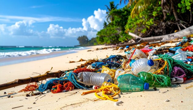 A pristine tropical beach marred by a significant accumulation of plastic waste, including bottles, nets, and debris, washed ashore by the ocean waves.