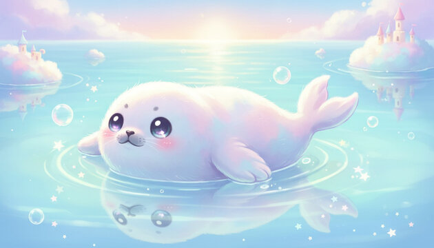 Happy Little White Baby Seal Swimming and Relaxing - Sweet Chibi Marine Life