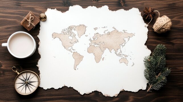 A flat lay composition featuring a world map on parchment paper, surrounded by items like a compass, coffee cup, gift, and natural elements, suggesting travel a