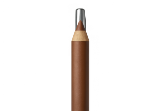 Brown cosmetic pencil with a clear protective cap. Ideal for applying eyeliner, kohl, or shaping eyebrows. Transparent background