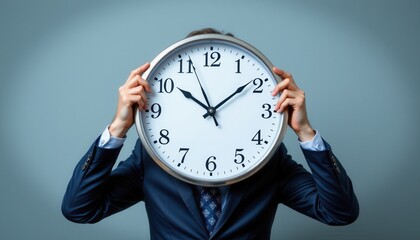 Businessman Holding Clock in Front of Face, Symbolizing Time Management and Work-Life Balance in Modern Office