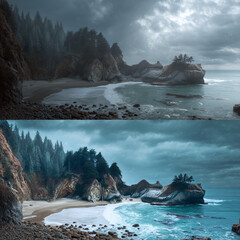 photo pair of landscape of rocky beach with clouds in the sky 