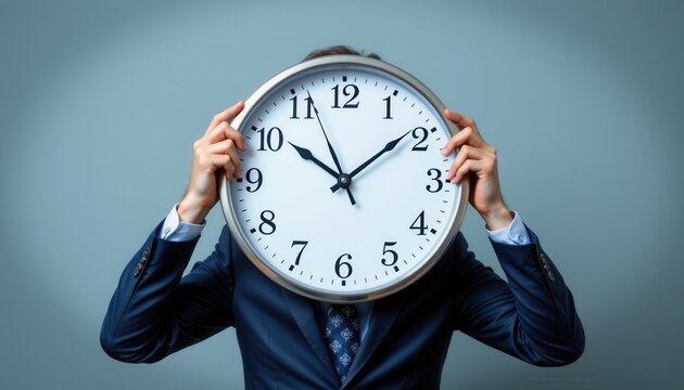 Businessman Holding Clock in Front of Face, Symbolizing Time Management and Work-Life Balance in Modern Office