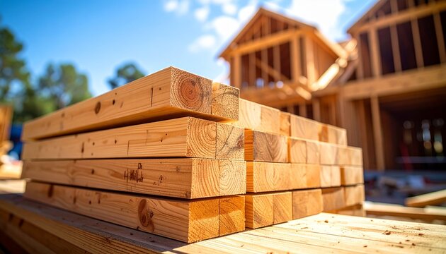 Close-up of stacked lumber in focus, with a partially constructed house in the background on a sunny day.