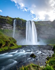 Fototapeta premium A majestic waterfall cascades down a rocky cliff face, surrounded by lush green vegetation under a partly cloudy sky. The water flows into a dark river