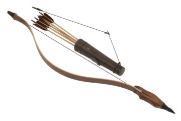 Vintage wooden bow and arrows in quiver isolated on transparent background
