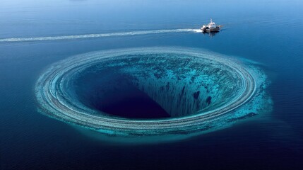 defying. A mesmerizing inverted whirlpool of ocean water defying gravity, revealing the terrifying abyss beneath. travel magazines.