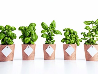 Five potted basil plants are arranged in a row on a white surface against a white background, each with a blank white tag attached to its pot.