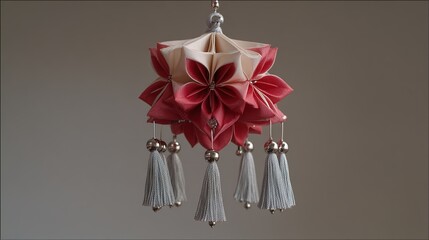 kusudama. Japanese kusudama with silk tassels and silver bells, elegant unfolding form. event programs, museum guides, designed for cultural heritage projects and event programs.