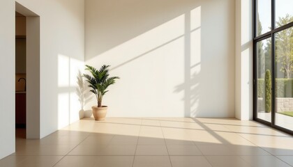 Fototapeta premium Bright and Spacious Interior with Large Windows and Potted Plant in Modern Home Design