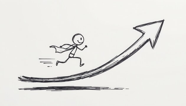 Cartoon character running towards upward arrow symbolizing growth, success, motivation, and achievement in business