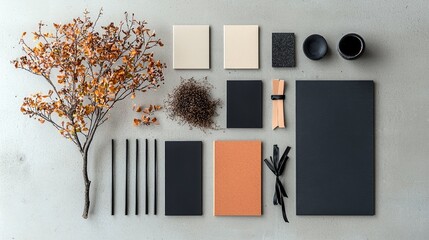 A collection of items including dried autumn branches, stationery, and small decorative objects are arranged in a flat lay composition on a textured grey surfac