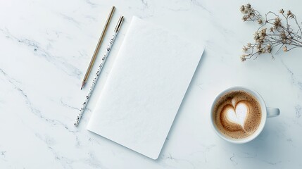 A top-down view of a white notebook, two pens, a cup of coffee with latte art, and dried flowers arranged on a marble background.