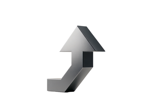 Metallic upward arrow, 3D rendered on a dark background