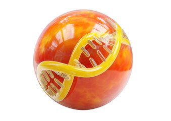 Glossy orb with yellow DNA strand on black background