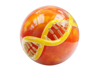 Glossy orb with yellow DNA strand on black background