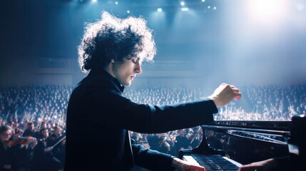 pianist. Classical pianist performing on a grand piano under dramatic stage lighting. event programs, museum guides, designed for cultural heritage projects and event programs, used by radiologists.