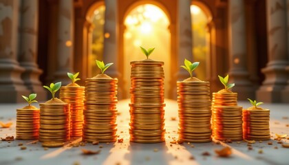 Growth Concept with Stacks of Coins and Green Sprouts Symbolizing Wealth and Sustainability in a Bright Environment